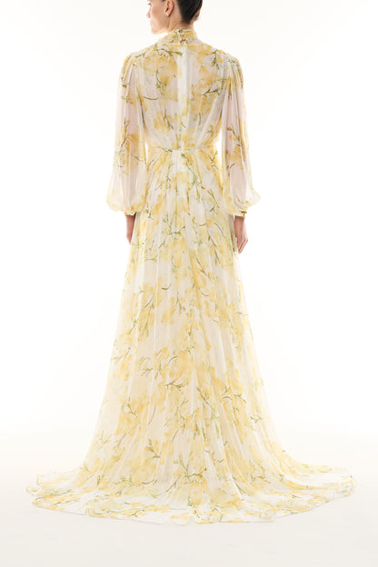 Monique Lhuillier Fall 2026 Pale Yellow/Multi Snapdragon Floral Printed Chiffon Draped V-neck long sleeve gown with blouson sleeves - back. 