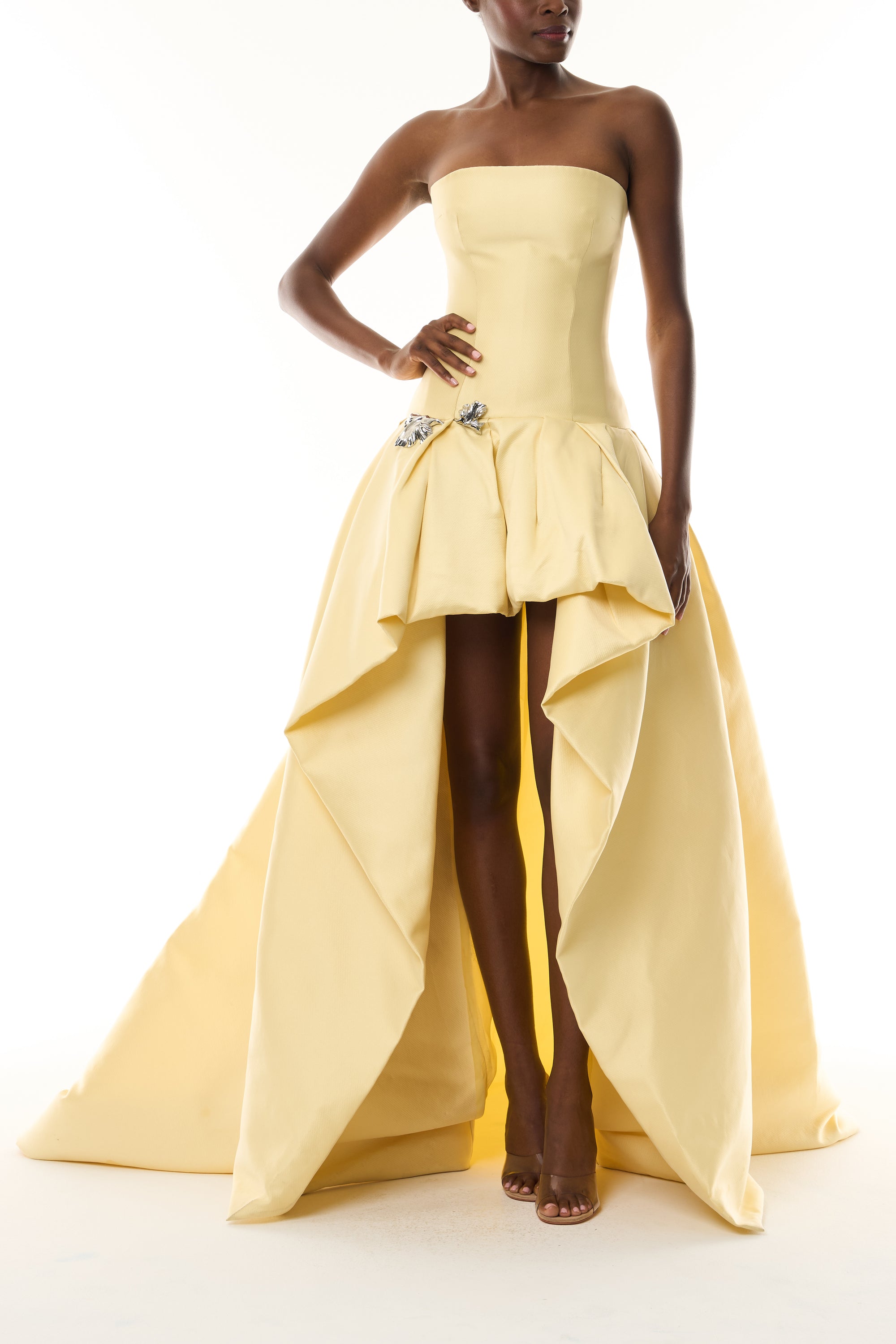 Monique Lhuillier Fall 2026 Pale Yellow Mikado Pique strapless ballgown with train and floral embellishment - front.