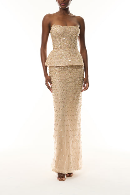 Monique Lhuillier Fall 2026 gold embroidered tulle strapless structured peplum column gown - front