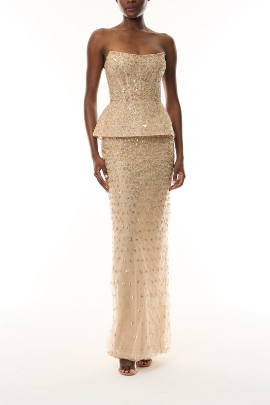 Monique Lhuillier Fall 2026 gold embroidered tulle strapless structured peplum column gown - front