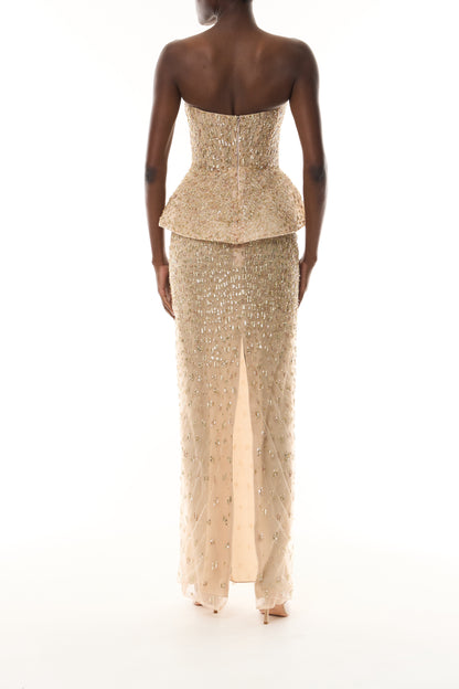 Monique Lhuillier Fall 2026 gold embroidered tulle strapless structured peplum column gown - back.