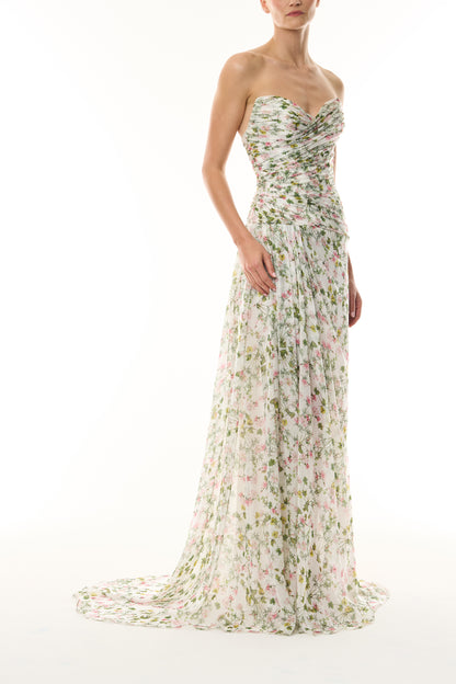 Monique Lhuillier Fall 2026 Silk White/Multi Ivy Bloom Printed Silk Chiffon Strapless asymmetric draped bodice gown - side.