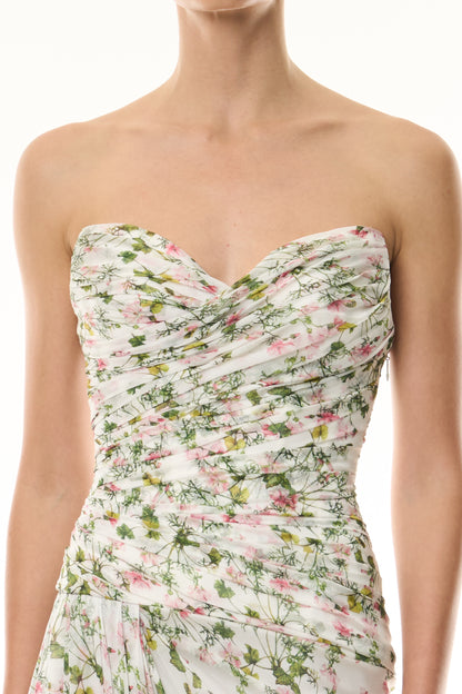 Monique Lhuillier Fall 2026 Silk White/Multi Ivy Bloom Printed Silk Chiffon Strapless asymmetric draped bodice gown - fabric.