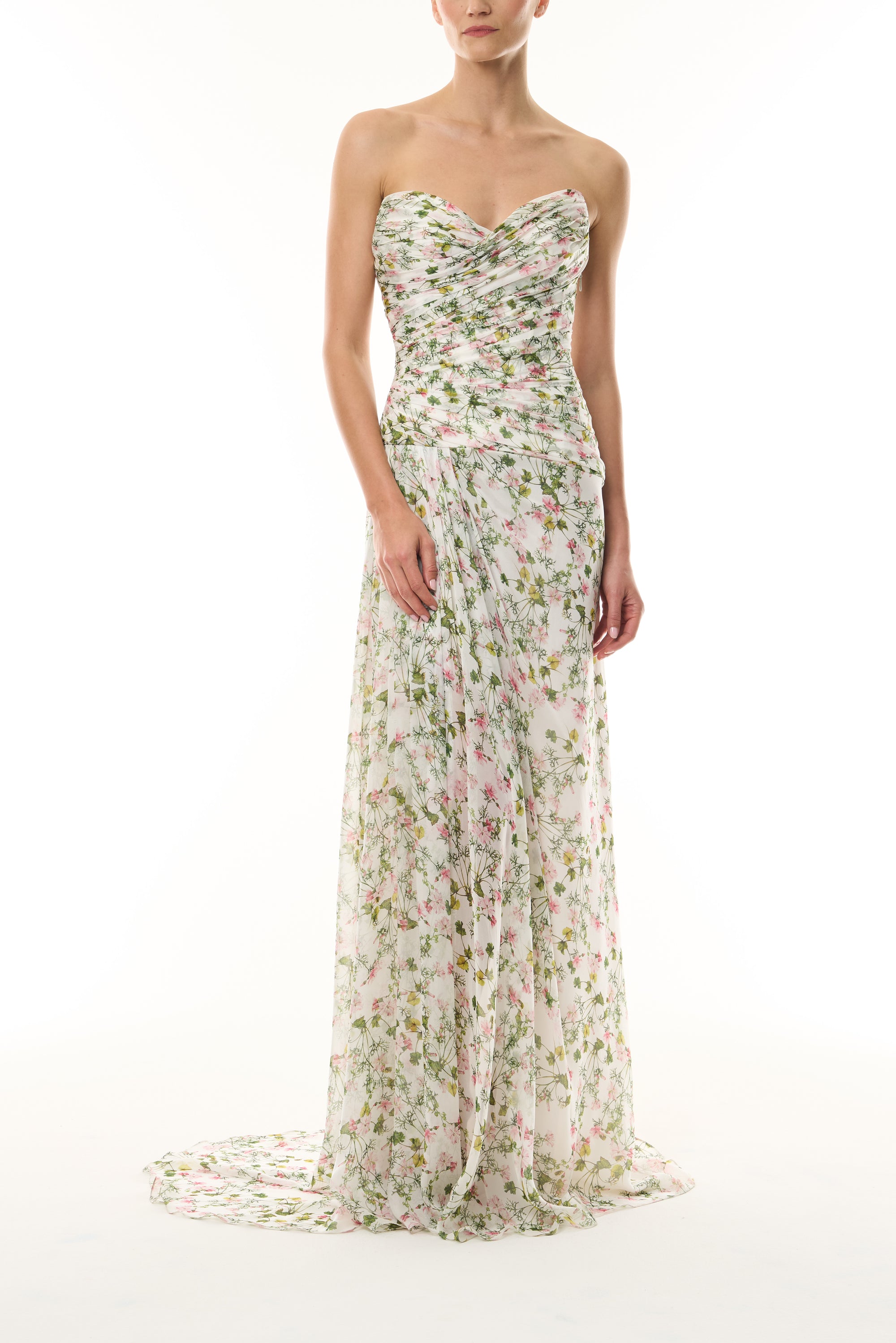 Monique Lhuillier Fall 2026 Silk White/Multi Ivy Bloom Printed Silk Chiffon Strapless asymmetric draped bodice gown - front.