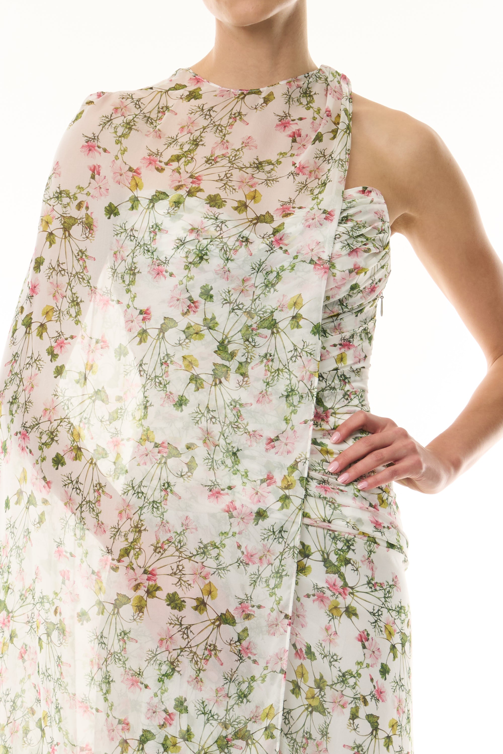 Monique Lhuillier Fall 2026 Silk White/Multi Ivy Bloom Printed Silk Chiffon asymmetric floor length cape with coordinating strapless floor length gown - fabric.