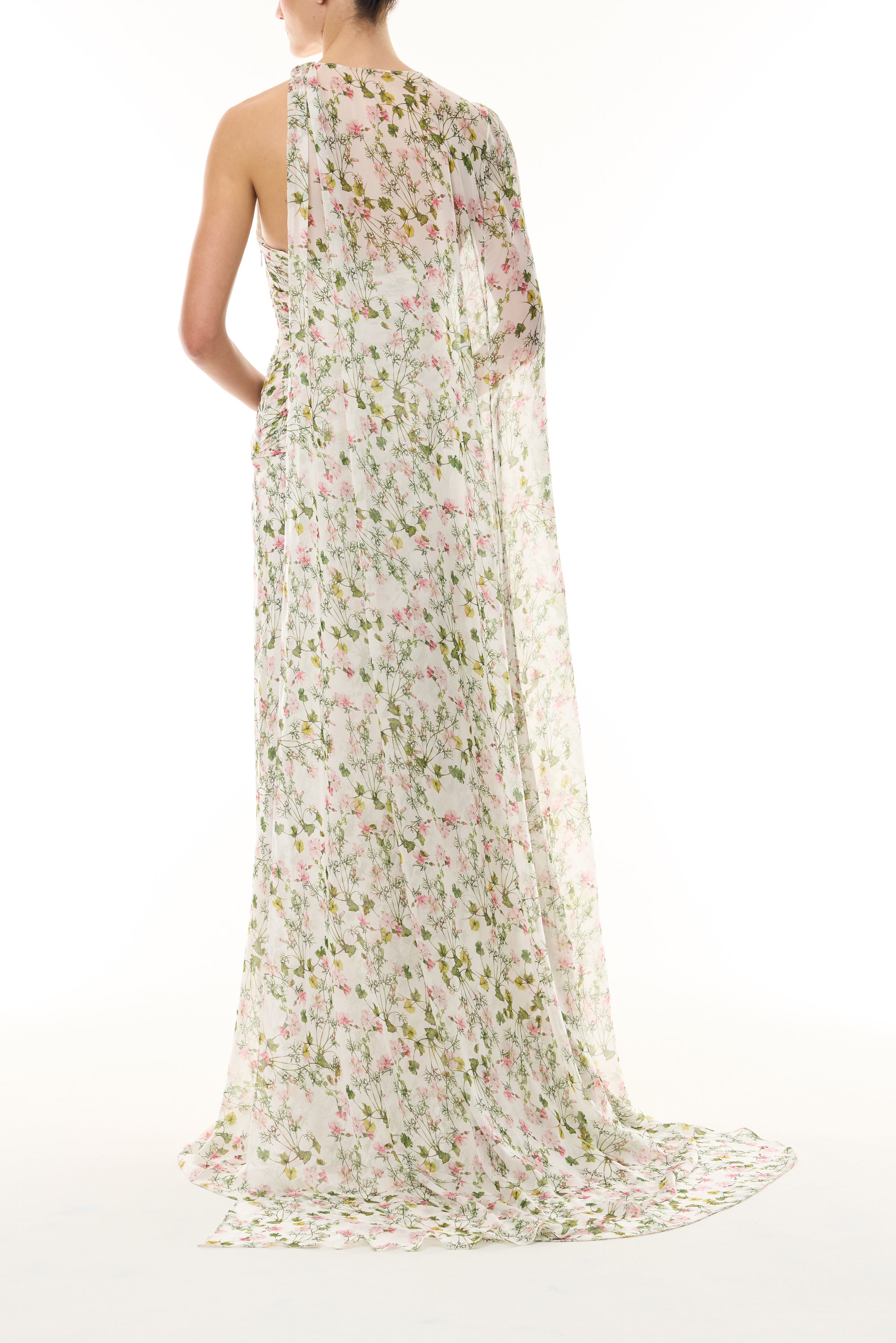 Monique Lhuillier Fall 2026 Silk White/Multi Ivy Bloom Printed Silk Chiffon asymmetric floor length cape with coordinating strapless floor length gown - back.