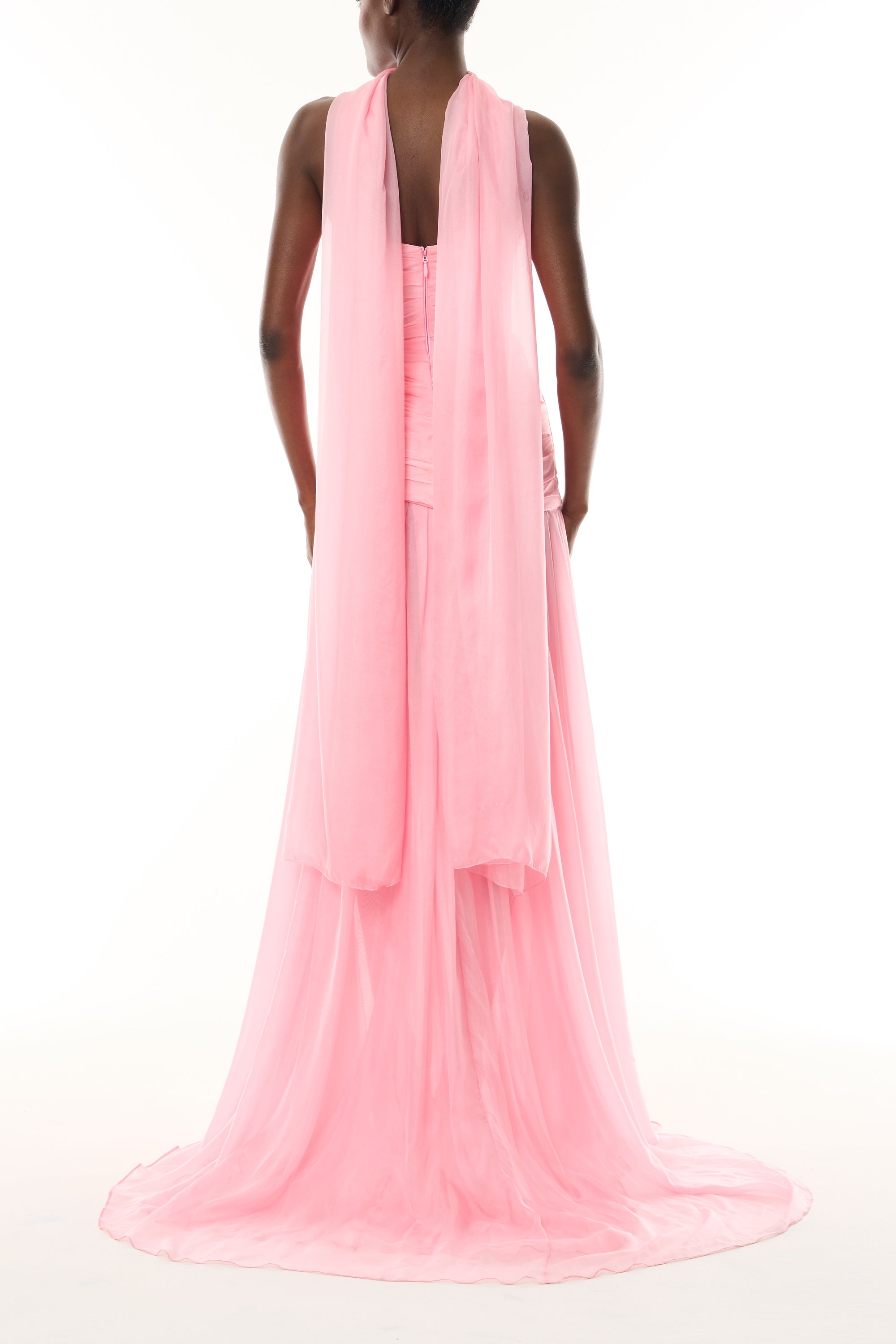 Monique Lhuillier Fall 2026 Sweetpea Iridescent Chiffon strapless asymmetric draped gown with scarf - back.