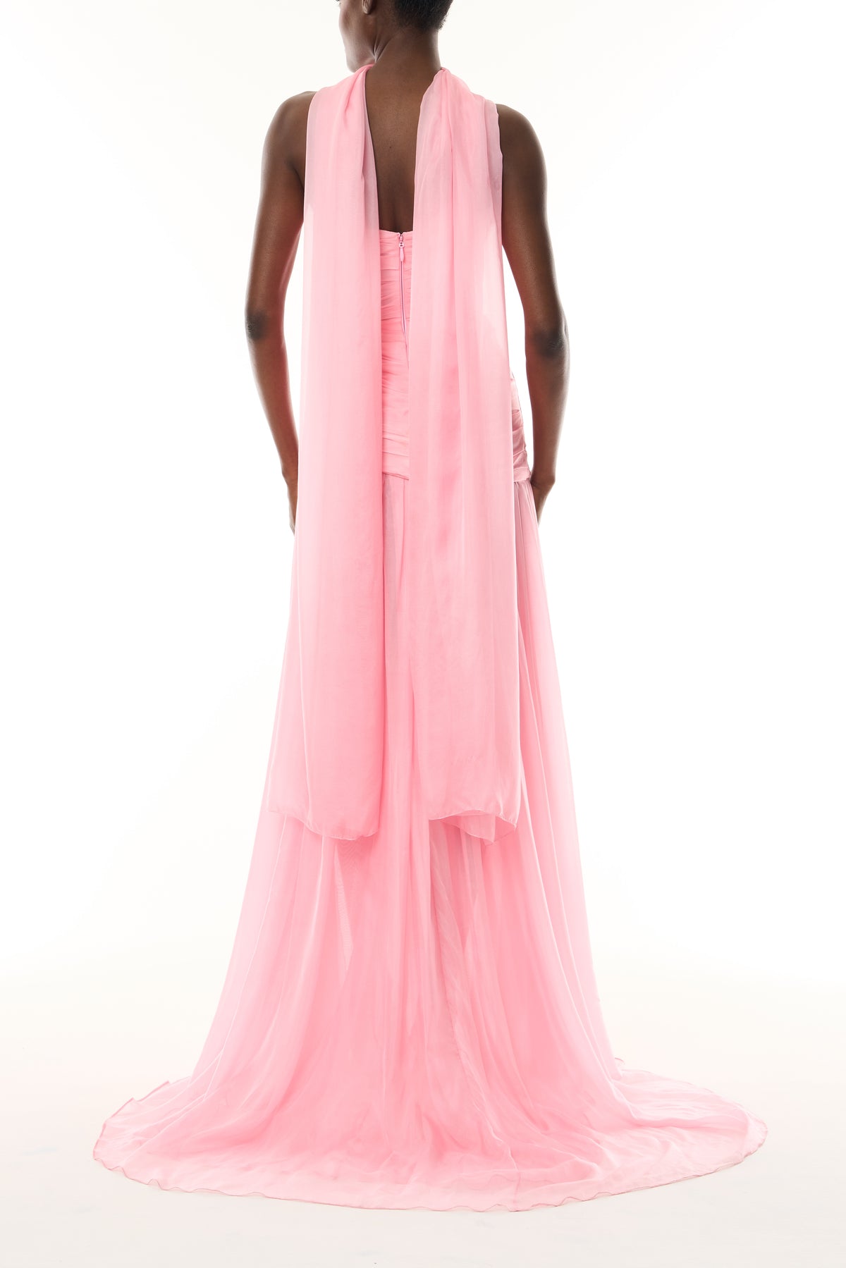 Monique Lhuillier Fall 2026 Sweetpea Iridescent Chiffon strapless asymmetric draped gown with scarf - back.