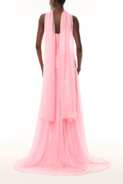 Monique Lhuillier Fall 2026 Sweetpea Iridescent Chiffon strapless asymmetric draped gown with scarf - back.