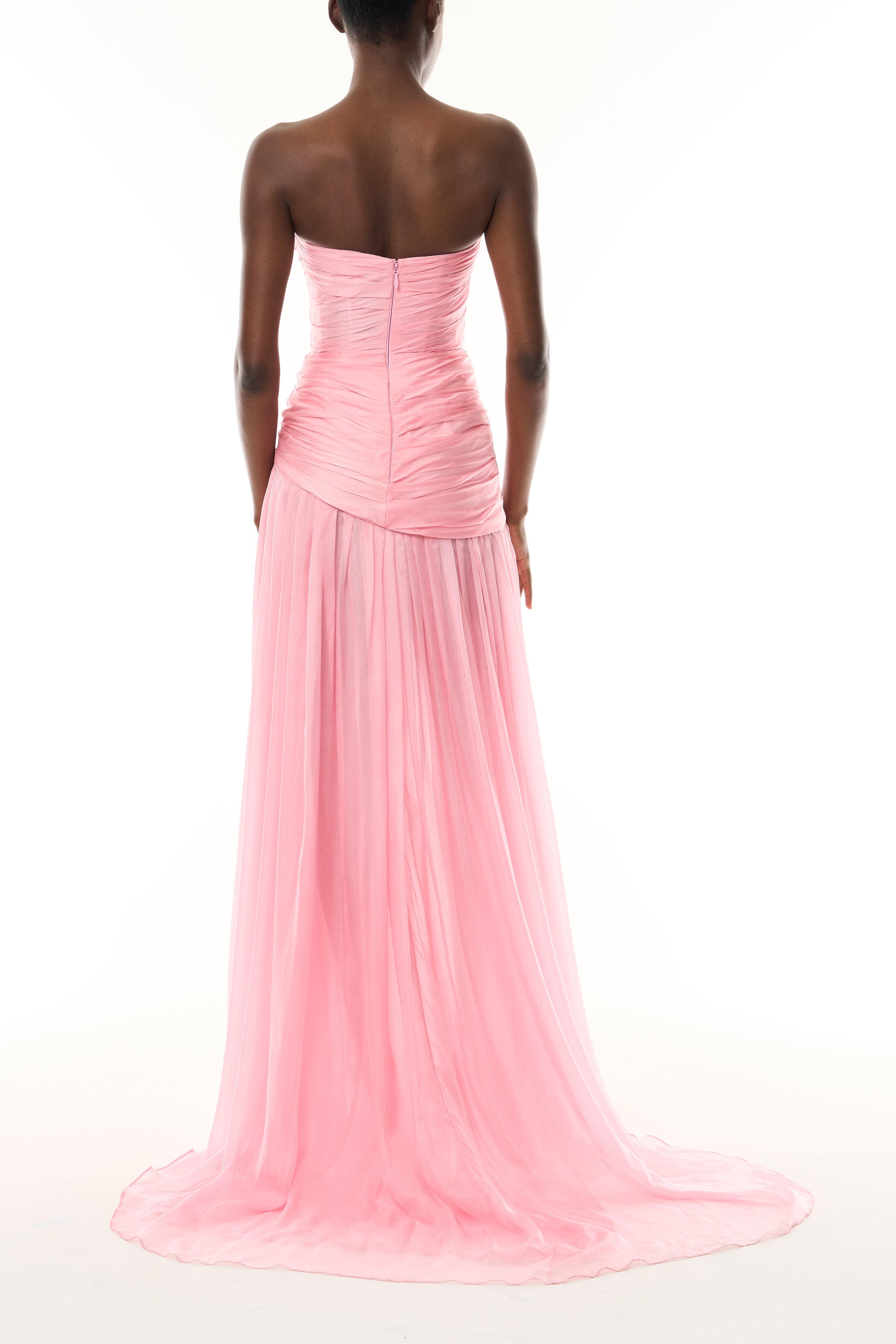 Monique Lhuillier Fall 2026 Sweetpea Iridescent Chiffon strapless asymmetric draped gown - back.