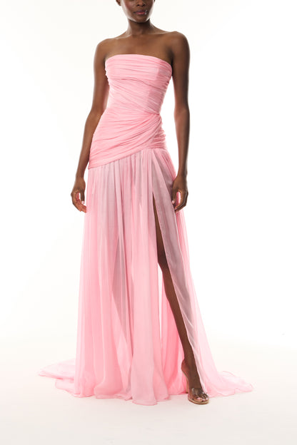 Monique Lhuillier Fall 2026 Sweetpea Iridescent Chiffon strapless asymmetric draped gown - front.