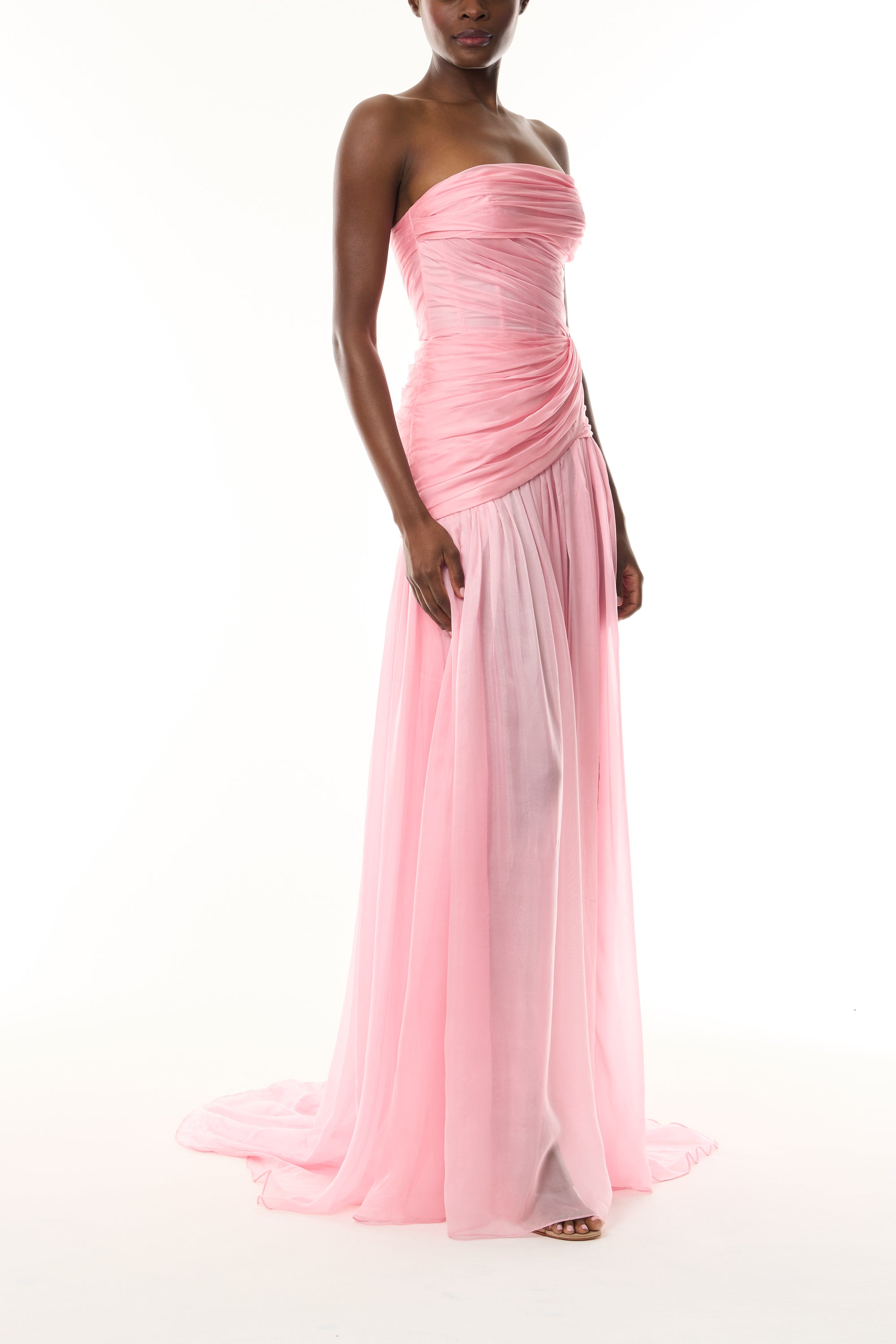 Monique Lhuillier Fall 2026 Sweetpea Iridescent Chiffon strapless asymmetric draped gown - side.