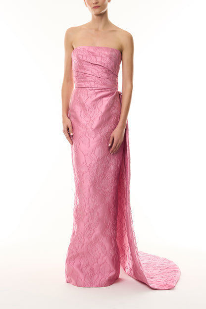 Monique Lhuillier Fall 2026 Sweetpea Jacquard strapless draped gown with train - front. 