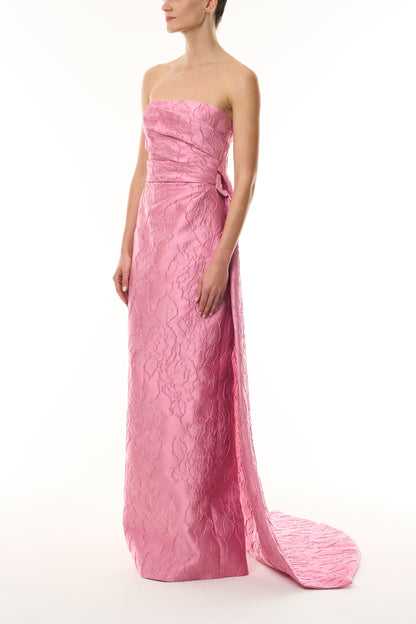 Monique Lhuillier Fall 2026 Sweetpea Jacquard strapless draped gown with train  - side.