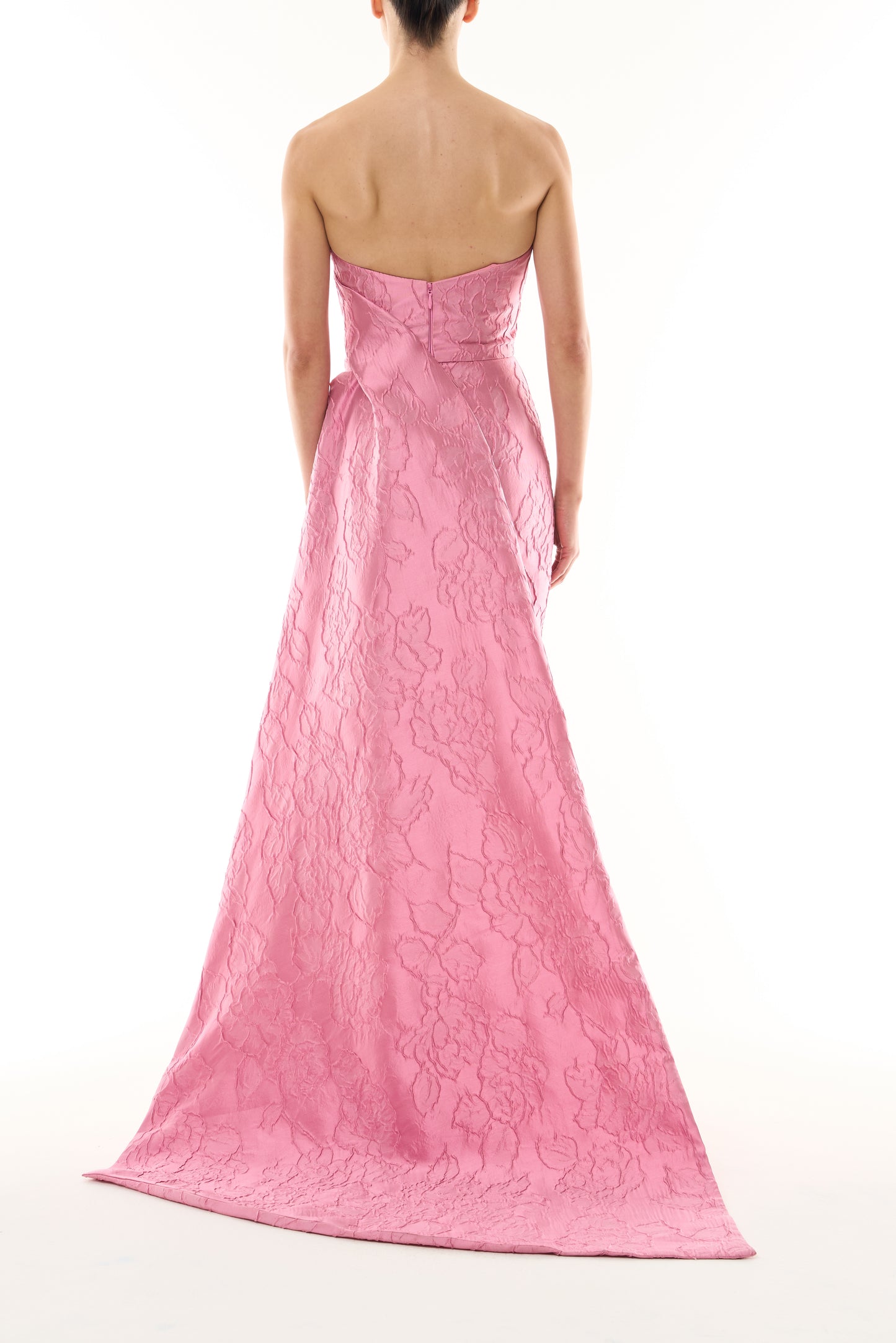 Monique Lhuillier Fall 2026 Sweetpea Jacquard strapless draped gown with train  - back.