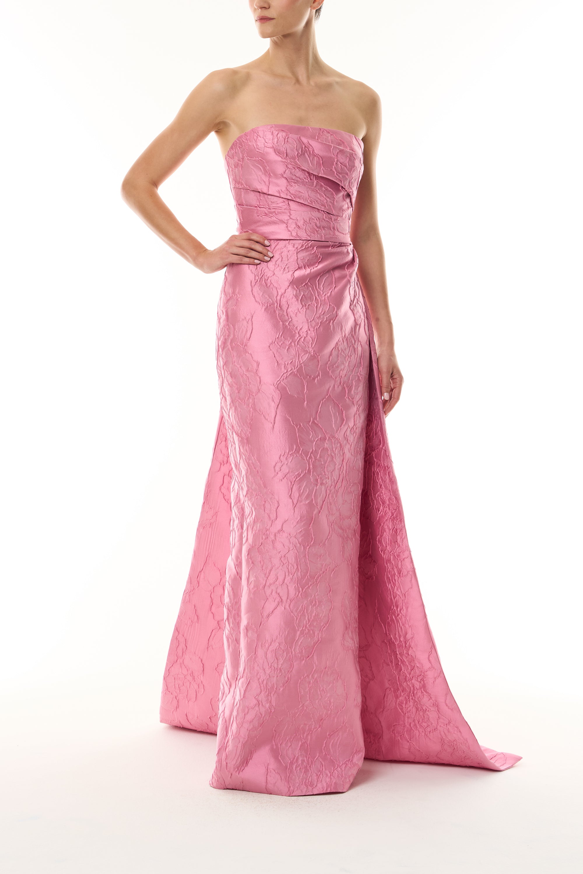 Monique Lhuillier Fall 2026 Sweetpea Jacquard strapless draped gown with train - front.