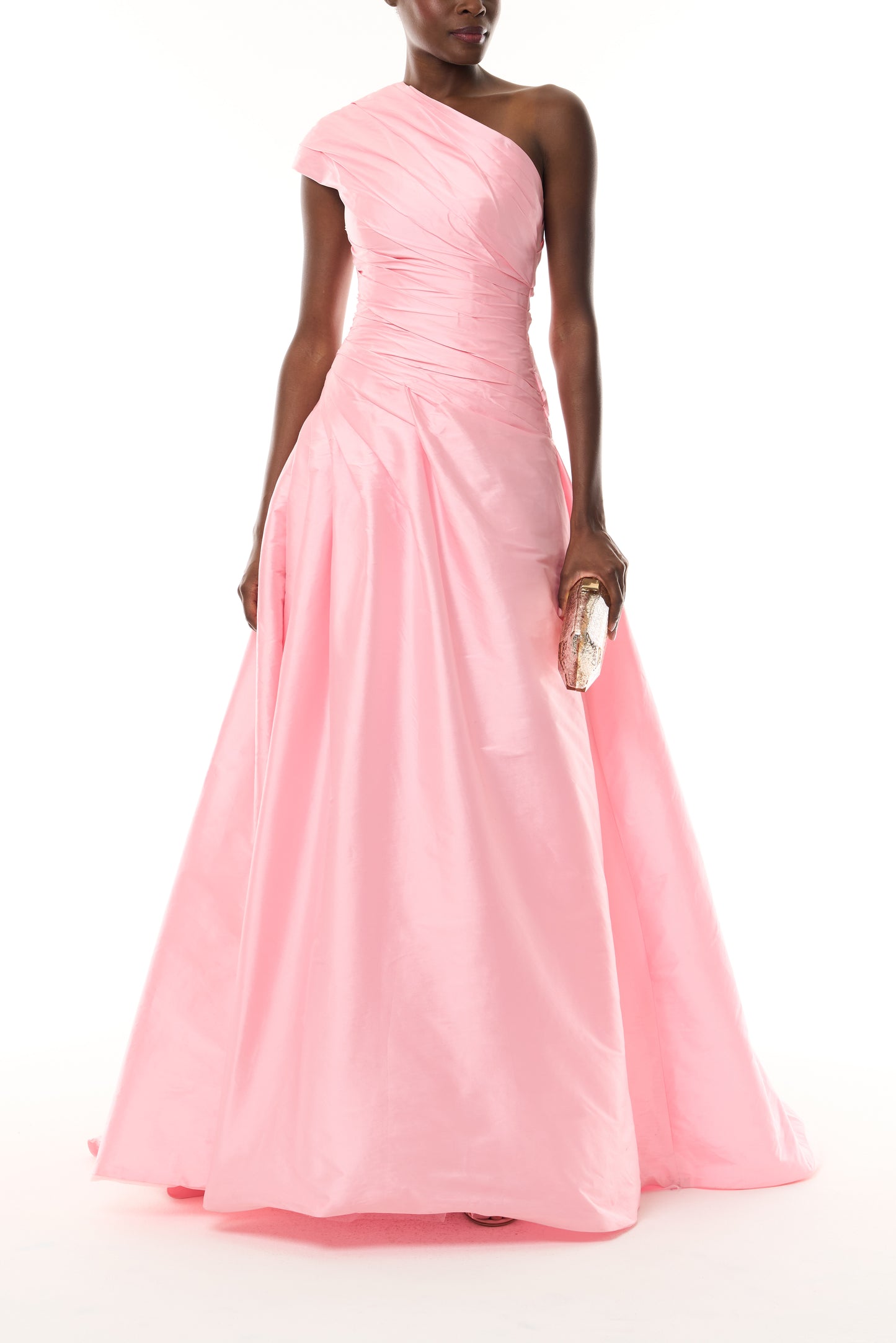 Monique Lhuillier Fall 2026 Sweatpea Taffeta one-shoulder draped ballgown - front with Gold Dasha Minaudière. 