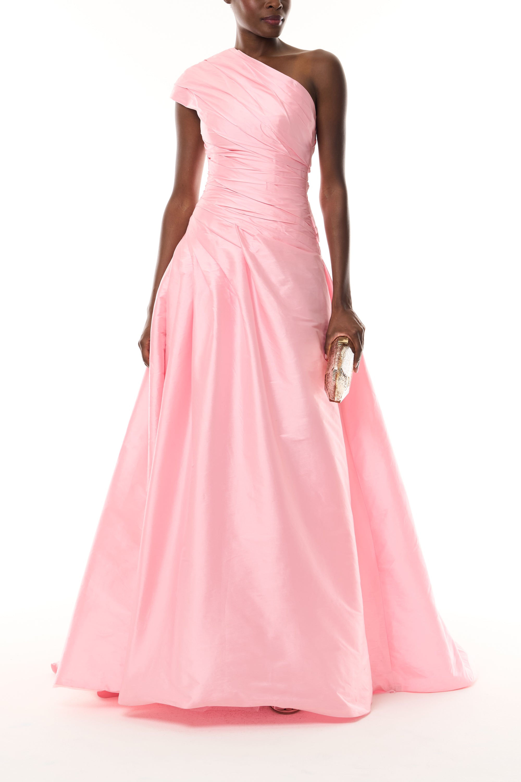 Monique Lhuillier Fall 2026 Sweatpea Taffeta one-shoulder draped ballgown - front with Gold Dasha Minaudière.