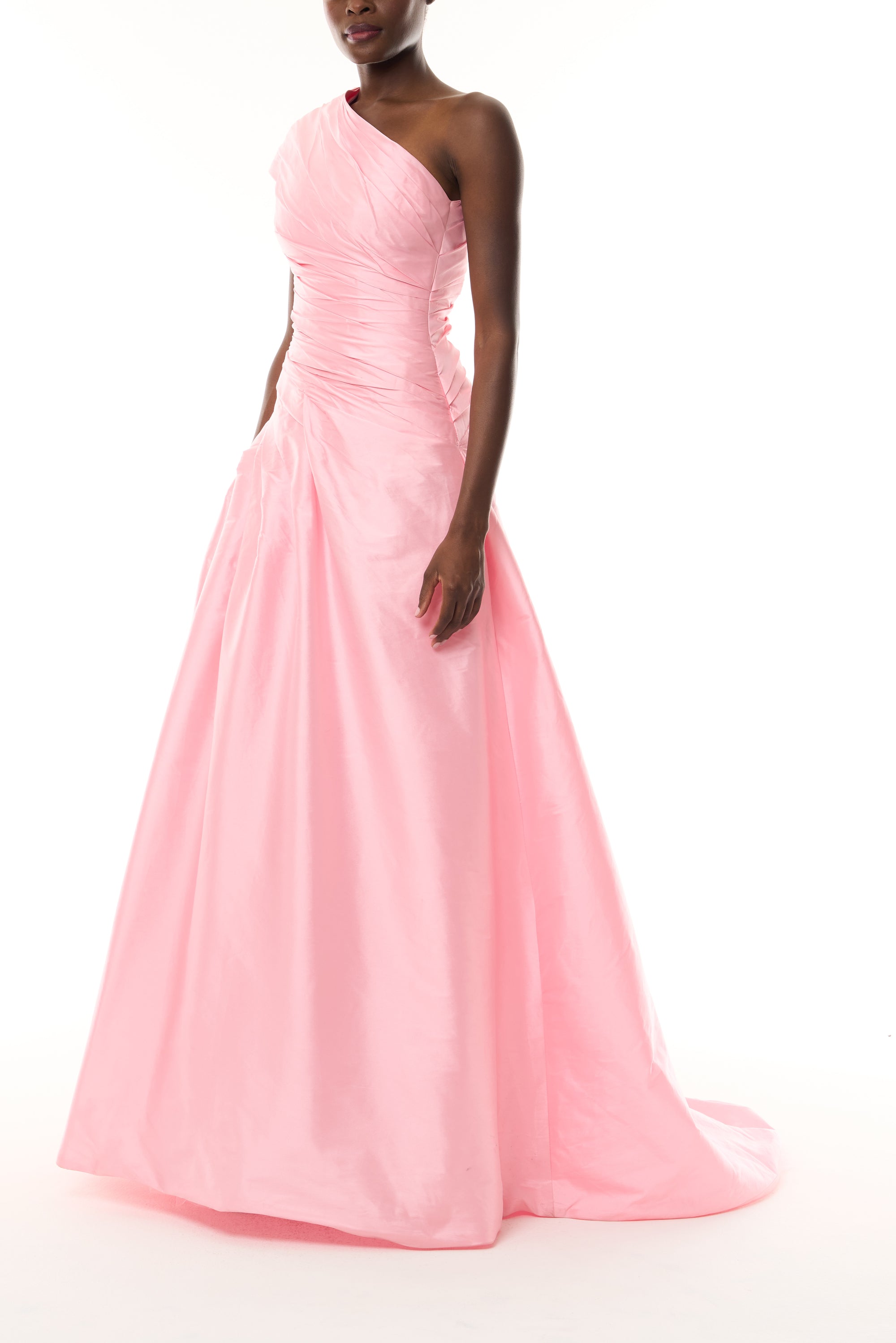 Monique Lhuillier Fall 2026 Sweatpea Taffeta one-shoulder draped ballgown - side.