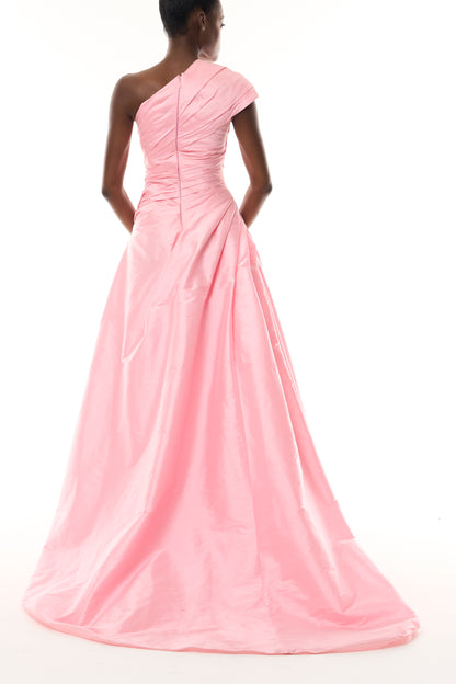 Monique Lhuillier Fall 2026 Sweatpea Taffeta one-shoulder draped ballgown - back.