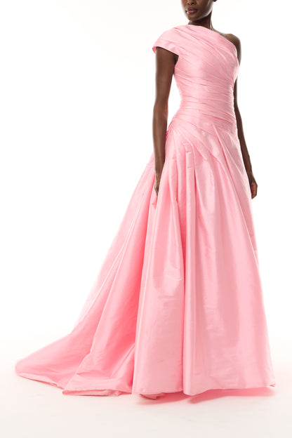 Monique Lhuillier Fall 2026 Sweatpea Taffeta one-shoulder draped ballgown - side. 