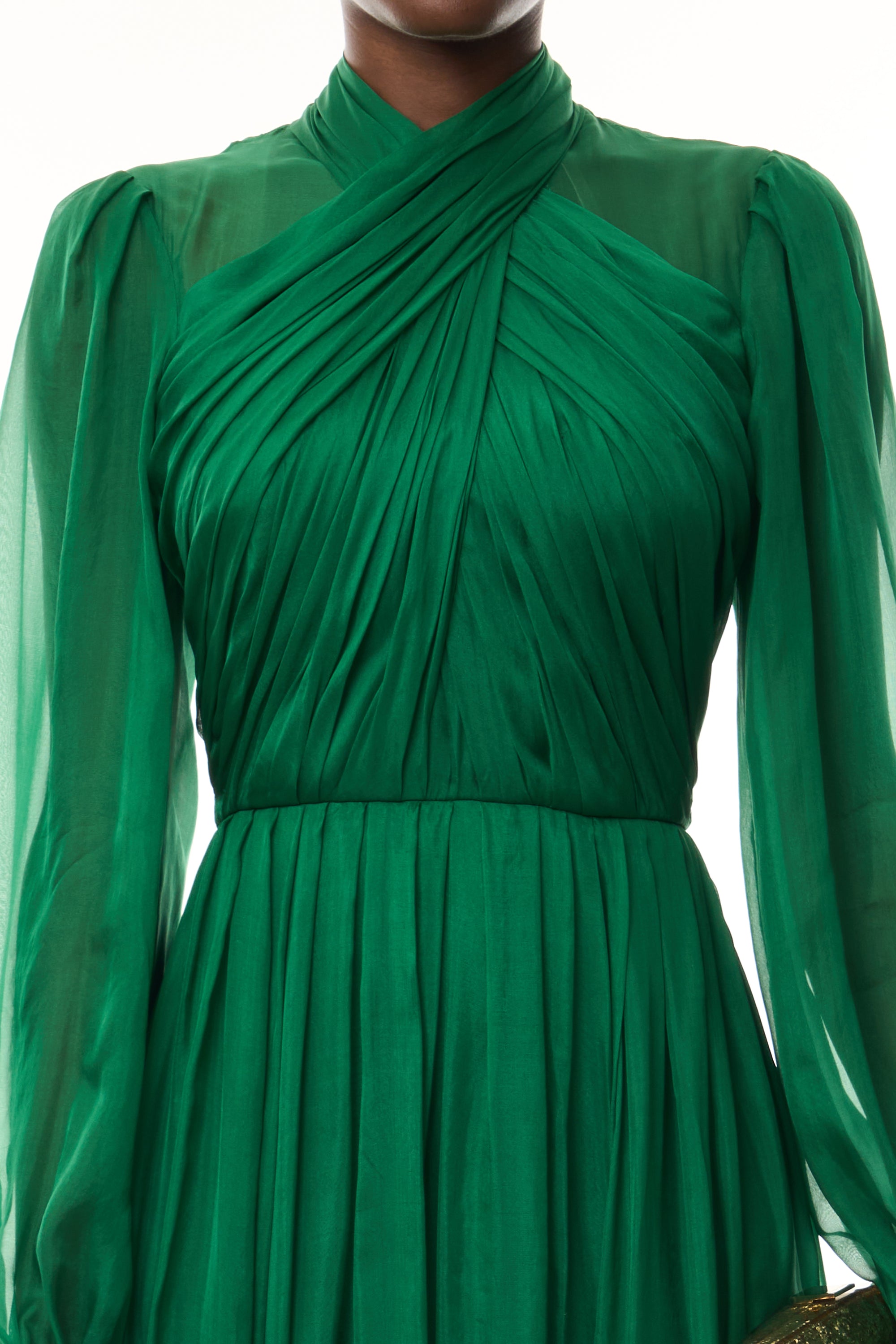 Monique Lhuillier Fall 2026 Sycamore Iridescent Chiffon long sleeve draped bodice gown - fabric.