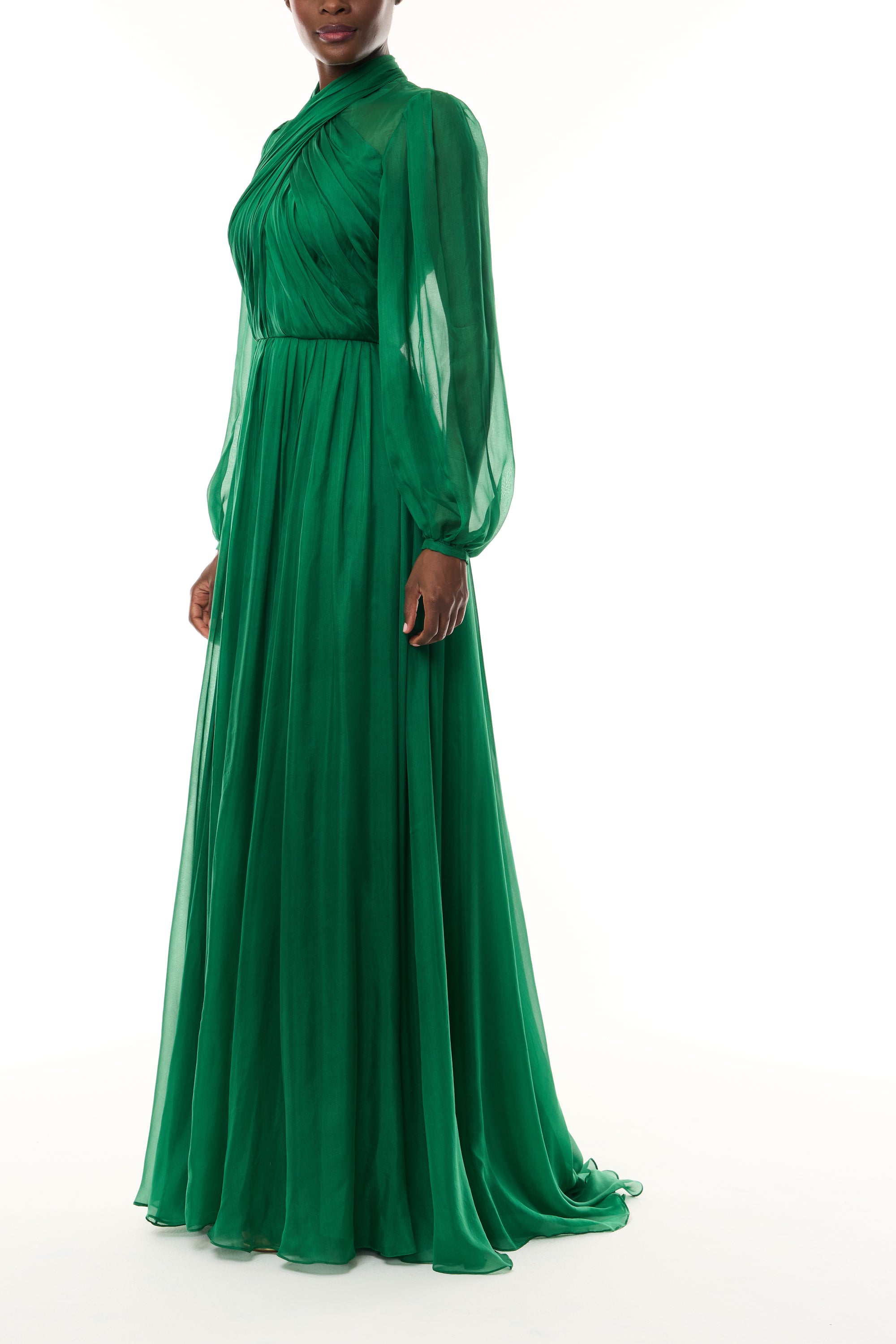 Monique Lhuillier Fall 2026 Sycamore Iridescent Chiffon long sleeve draped bodice gown - side.