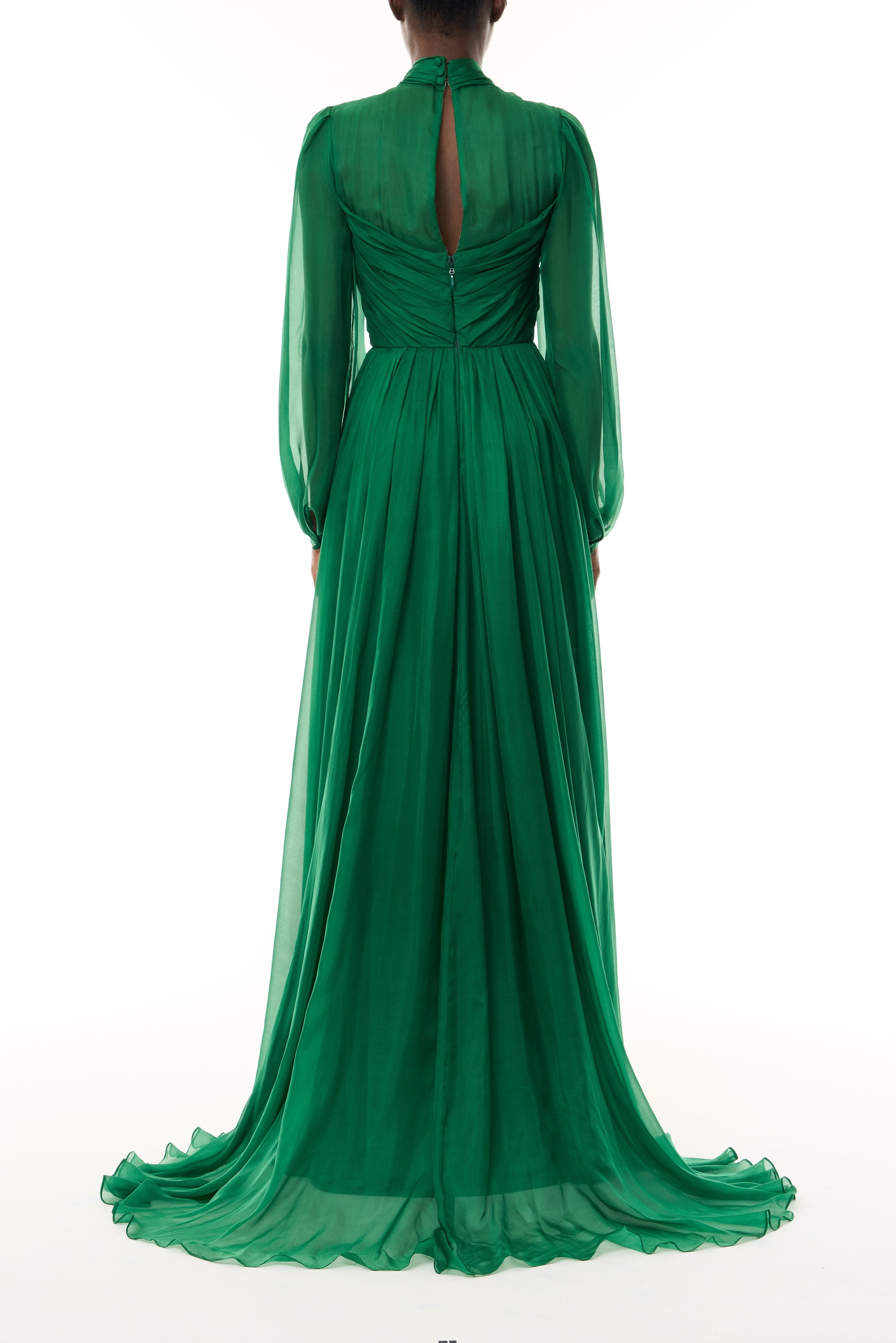 Monique Lhuillier Fall 2026 Sycamore Iridescent Chiffon long sleeve draped bodice gown - back.