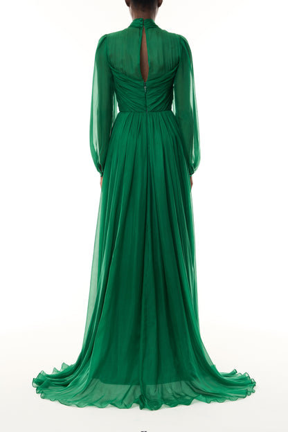 Monique Lhuillier Fall 2026 Sycamore Iridescent Chiffon long sleeve draped bodice gown - back.