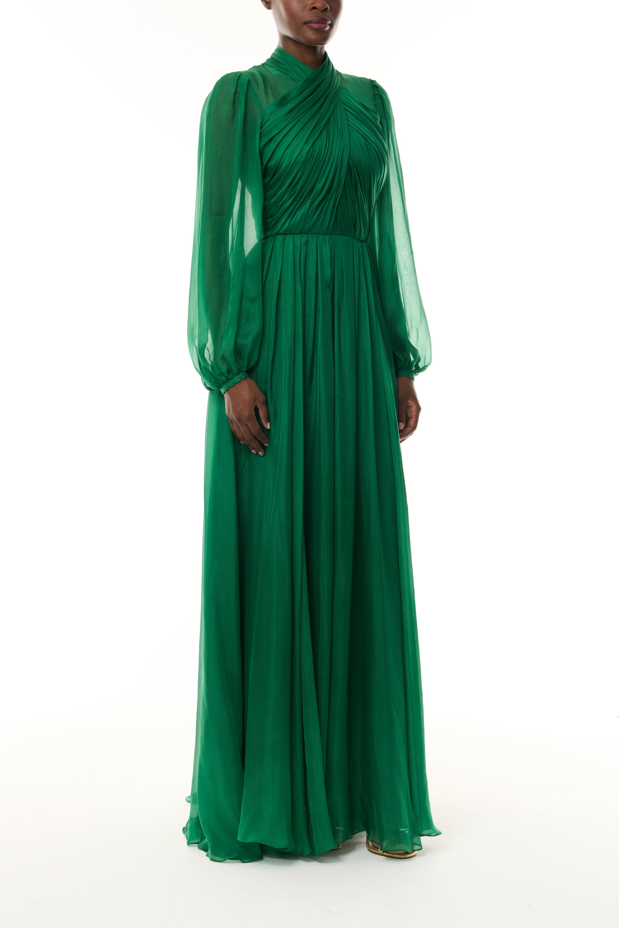 Monique Lhuillier Fall 2026 Sycamore Iridescent Chiffon long sleeve draped bodice gown - side.
