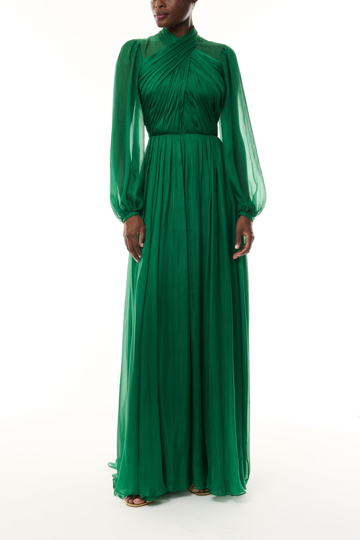 Monique Lhuillier Fall 2026 Sycamore Iridescent Chiffon long sleeve draped bodice gown - front.