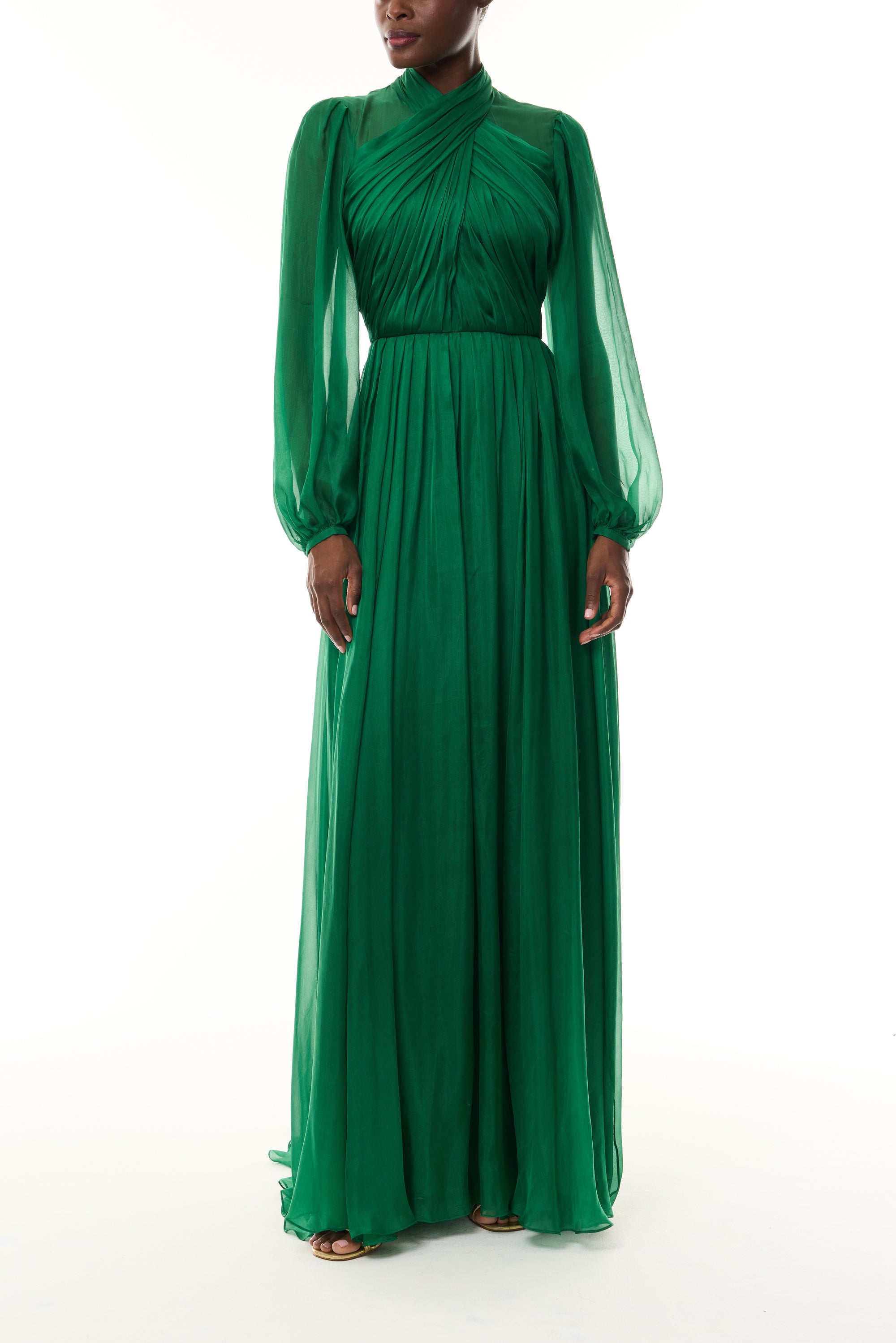 Monique Lhuillier Fall 2026 Sycamore Iridescent Chiffon long sleeve draped bodice gown - front.