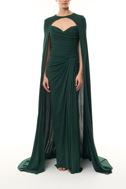 Monique Lhuillier Fall 2026 Sycamore Crepe Jersey strapless draped column gown and coordinating Sycamore Crepe Jersey floor length cape -  front.