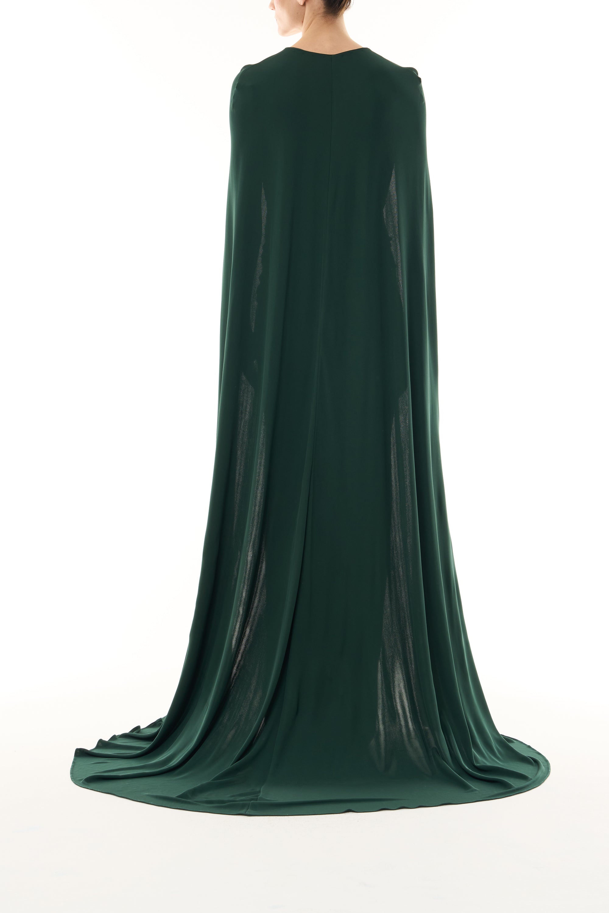 Monique Lhuillier Fall 2026 Sycamore Crepe Jersey strapless draped column gown and coordinating Sycamore Crepe Jersey floor length cape -  back.