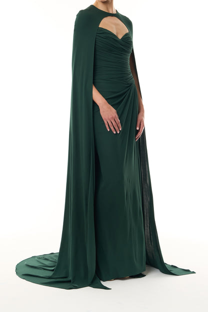 Monique Lhuillier Fall 2026 Sycamore Crepe Jersey strapless draped column gown and coordinating Sycamore Crepe Jersey floor length cape -  side.