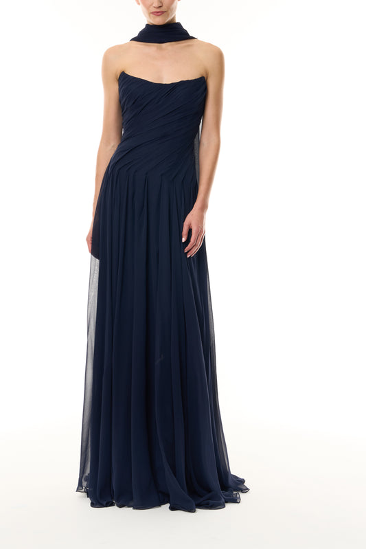 Monique Lhuillier Fall 2026 Navy chiffon strapless draped gown with scarf - front.