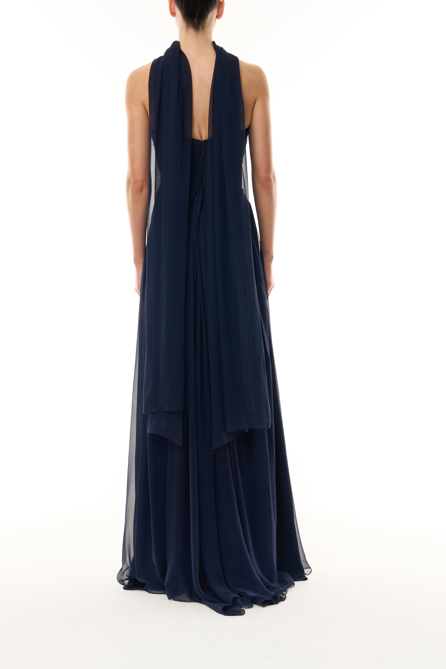 Monique Lhuillier Fall 2026 Navy chiffon strapless draped gown with scarf - back.