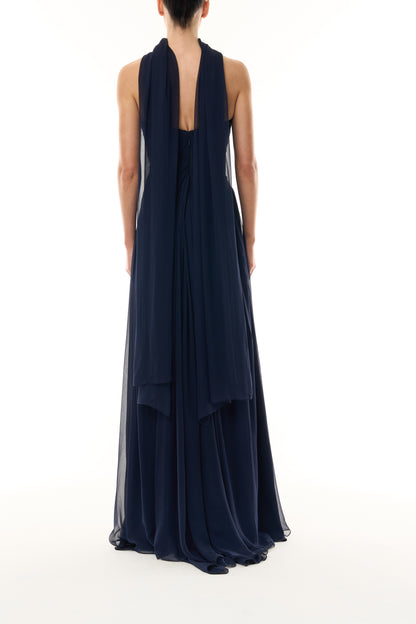 Monique Lhuillier Fall 2026 Navy chiffon strapless draped gown with scarf - back.
