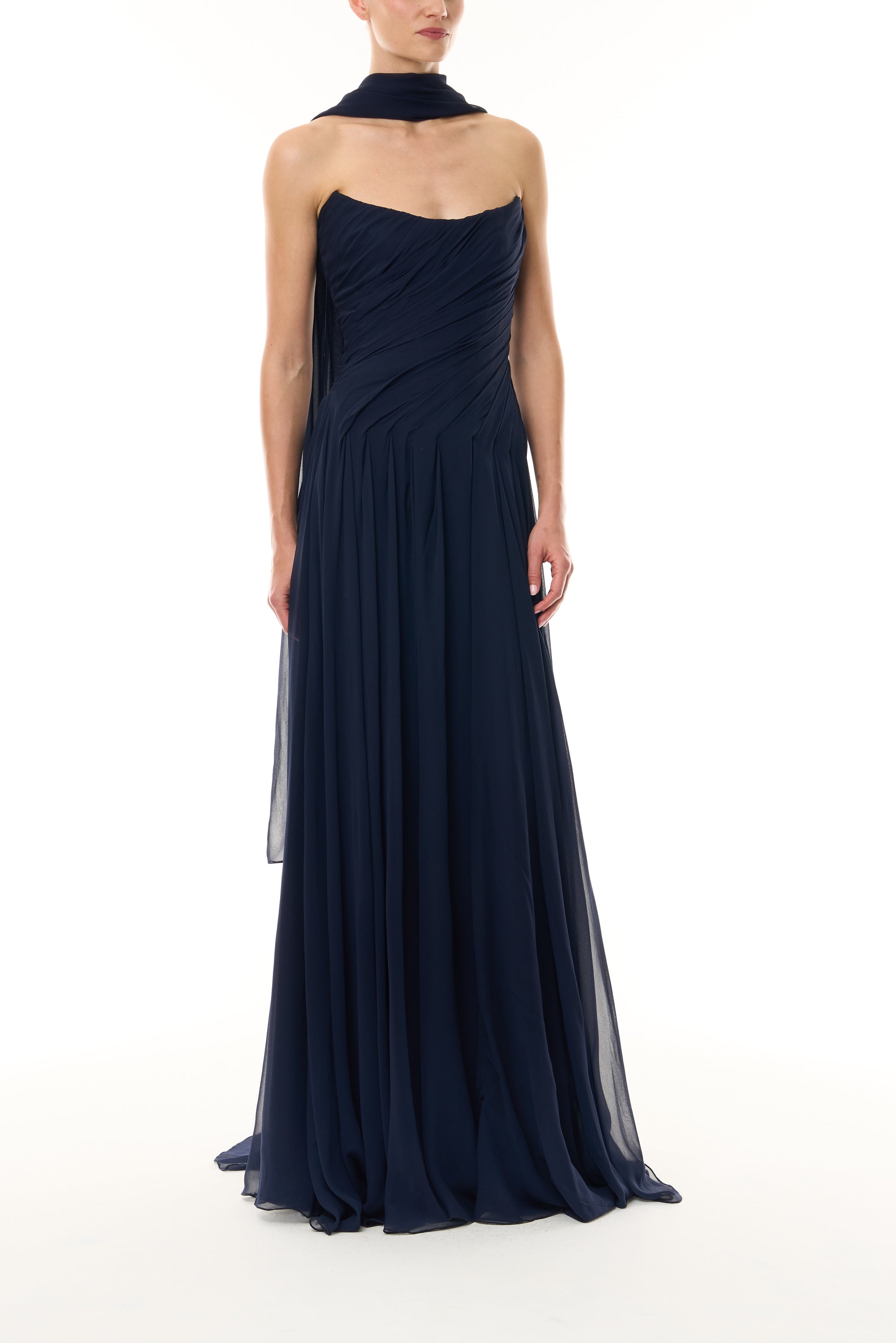 Monique Lhuillier Fall 2026 Navy chiffon strapless draped gown with scarf - front.