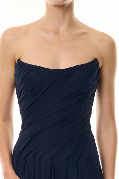 Monique Lhuillier Fall 2026 Navy chiffon strapless draped gown - fabric.