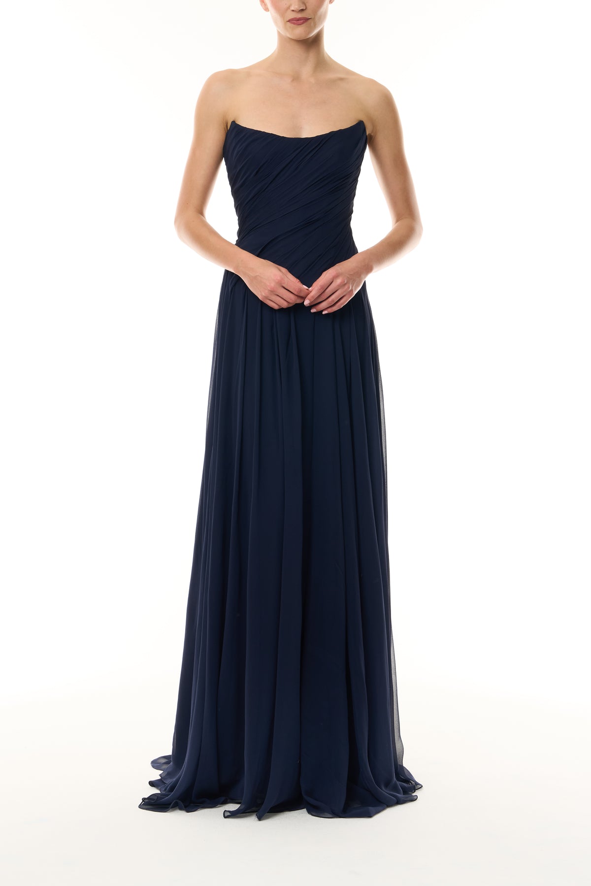 Monique Lhuillier Fall 2026 Navy chiffon strapless draped gown - front.