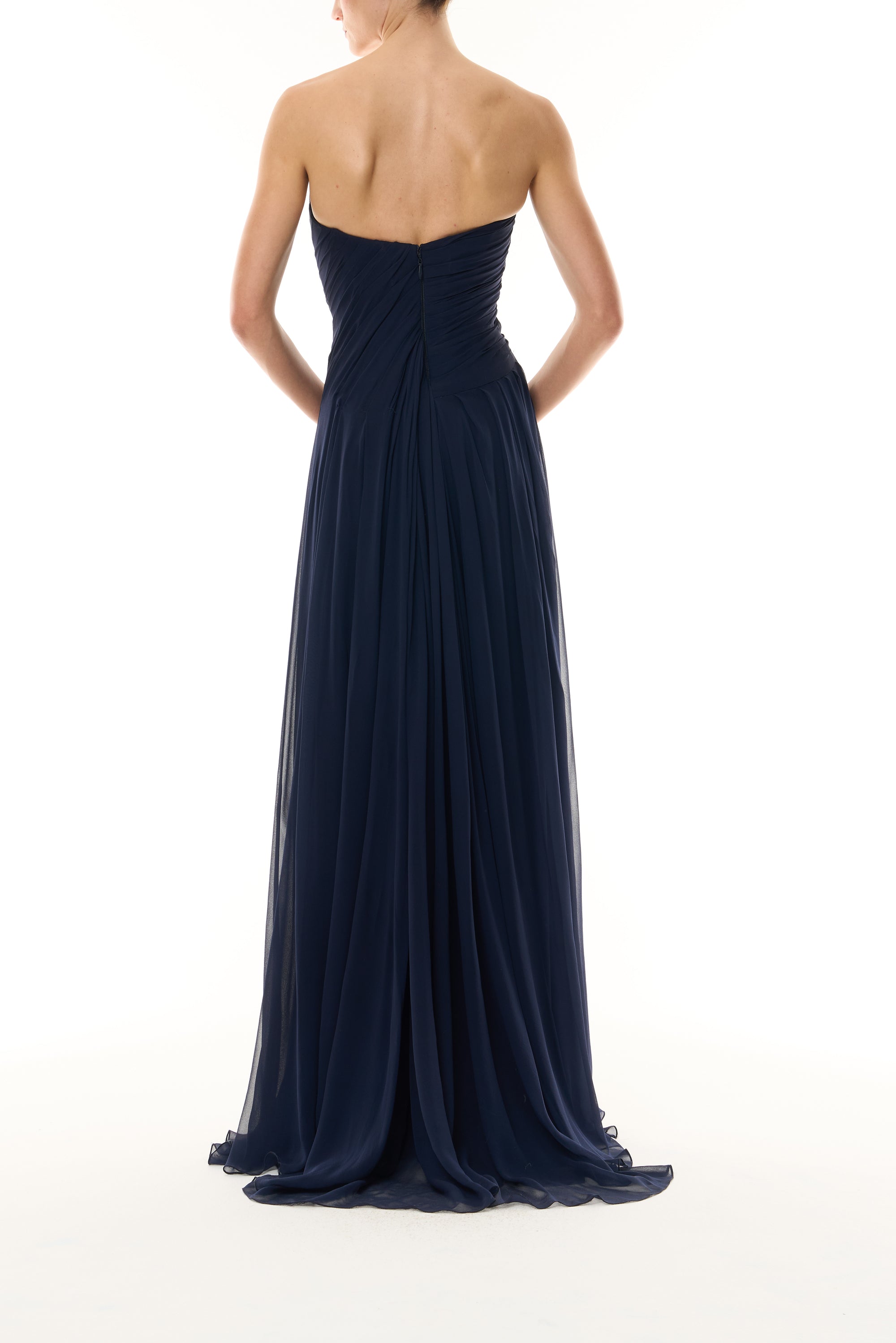 Monique Lhuillier Fall 2026 Navy chiffon strapless draped gown - back.