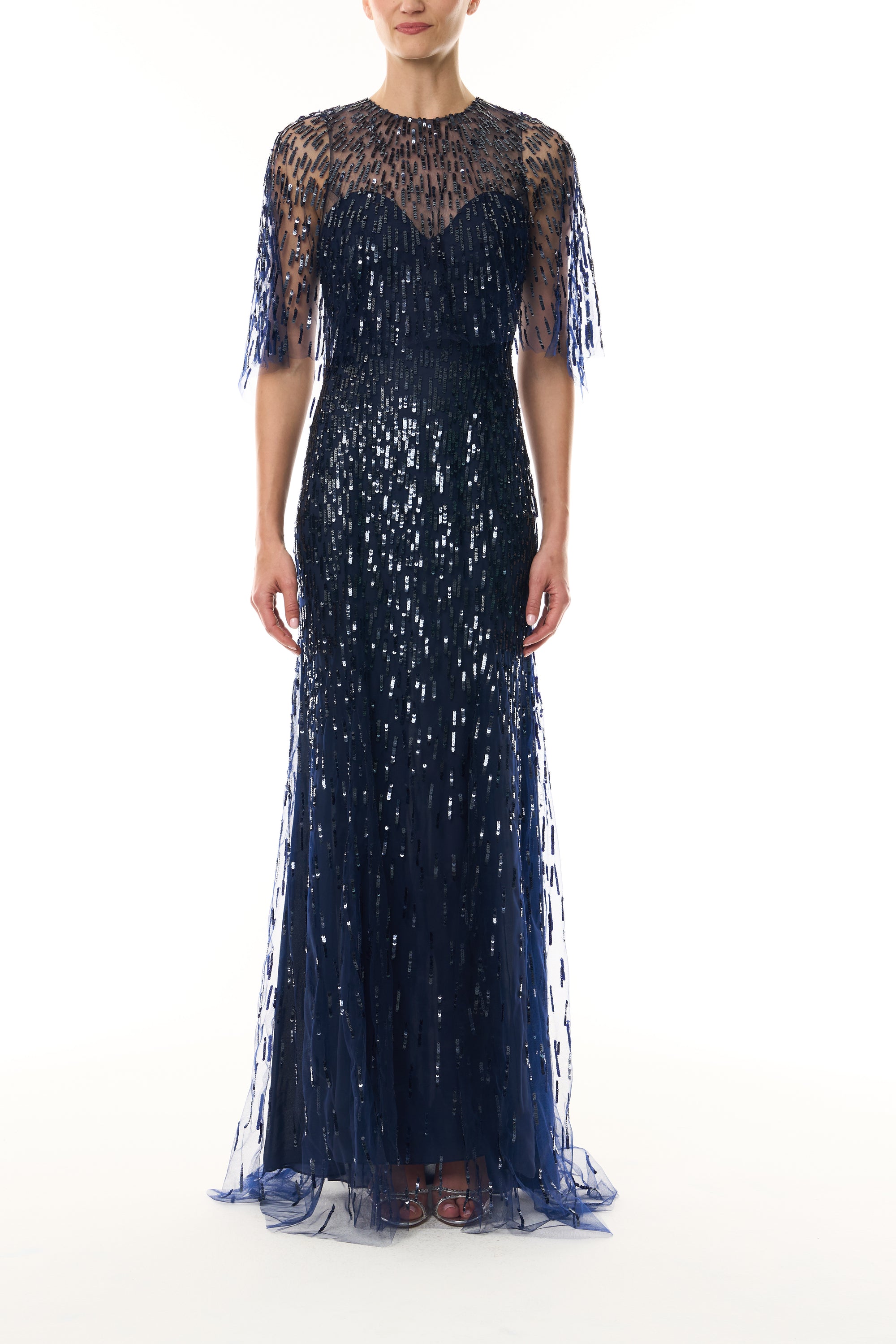 Monique Lhuillier Fall 2026 Navy and Sequin embroidered tulle Embroidered Gown with Capelet - front.