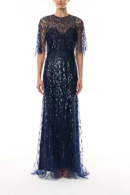 Monique Lhuillier Fall 2026 Navy and Sequin embroidered tulle Embroidered Gown with Capelet - front. 