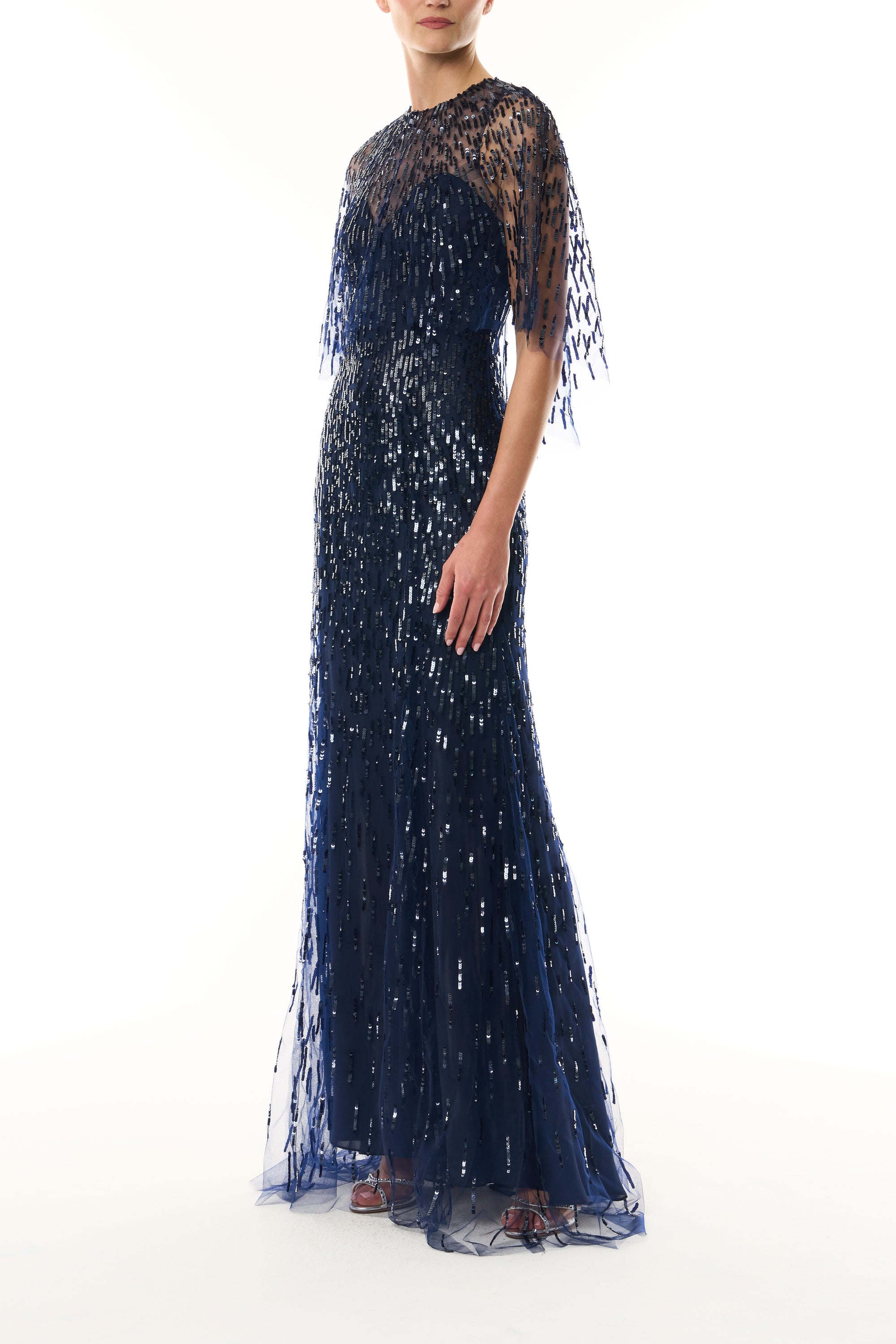 Monique Lhuillier Fall 2026 Navy and Sequin embroidered tulle Embroidered Gown with Capelet - side.