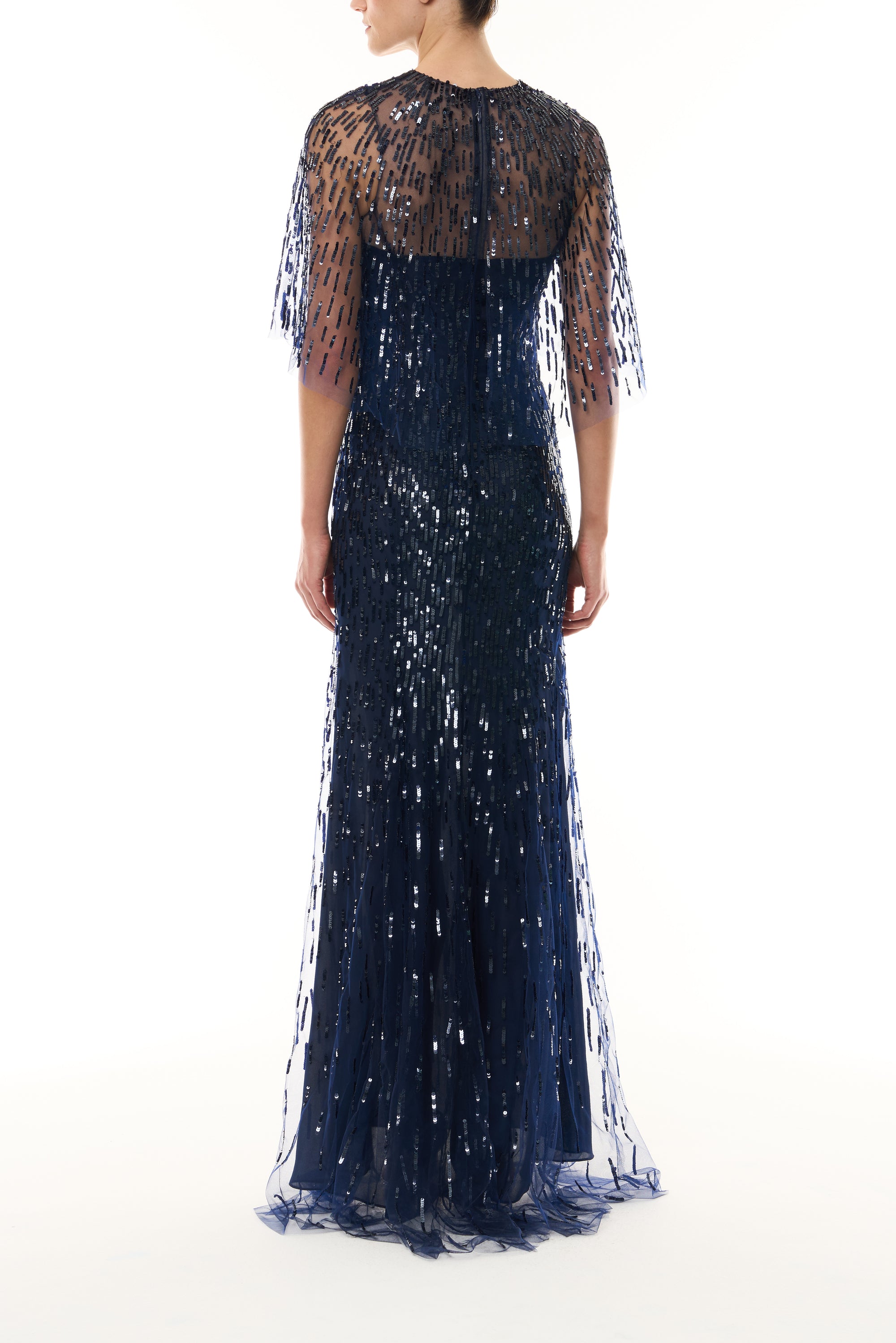 Monique Lhuillier Fall 2026 Navy and Sequin embroidered tulle Embroidered Gown with Capelet - back.