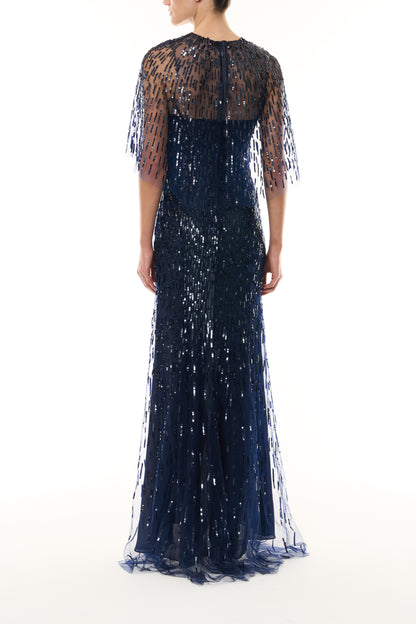 Monique Lhuillier Fall 2026 Navy and Sequin embroidered tulle Embroidered Gown with Capelet - back.