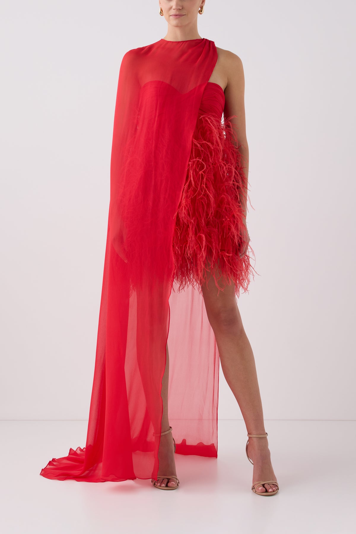 Monique Lhuillier Fall 2026 Siren embroidered feather tulle strapless mini cocktail dress with Siren chiffon cape and flower embellishment - front.