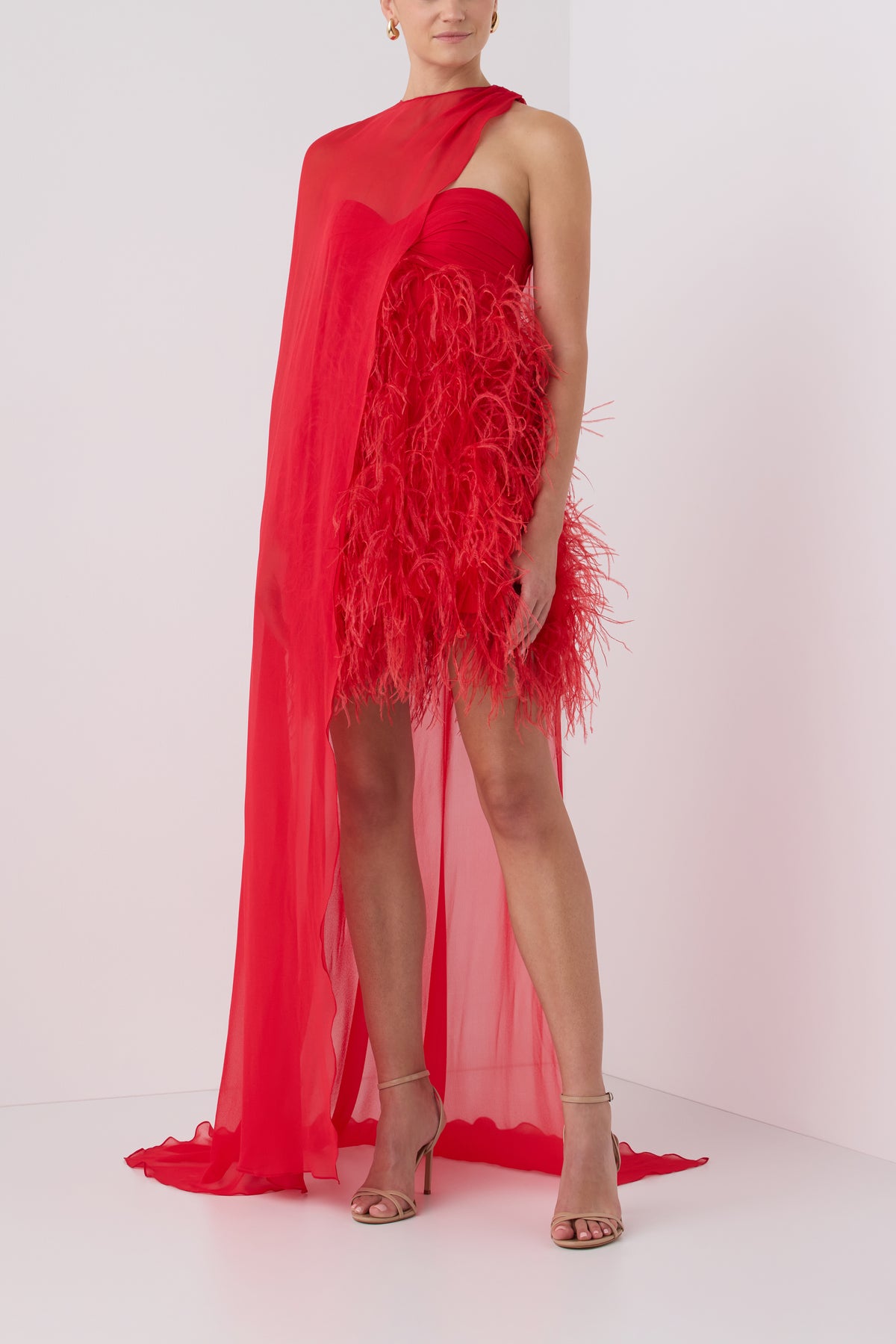 Monique Lhuillier Fall 2026 Siren embroidered feather tulle strapless mini cocktail dress with Siren chiffon cape and flower embellishment - front.