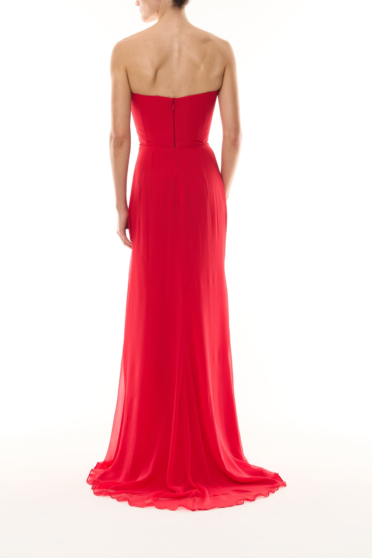 Monique Lhuillier Fall 2026 Siren red Chiffon strapless draped bodice gown  - back.